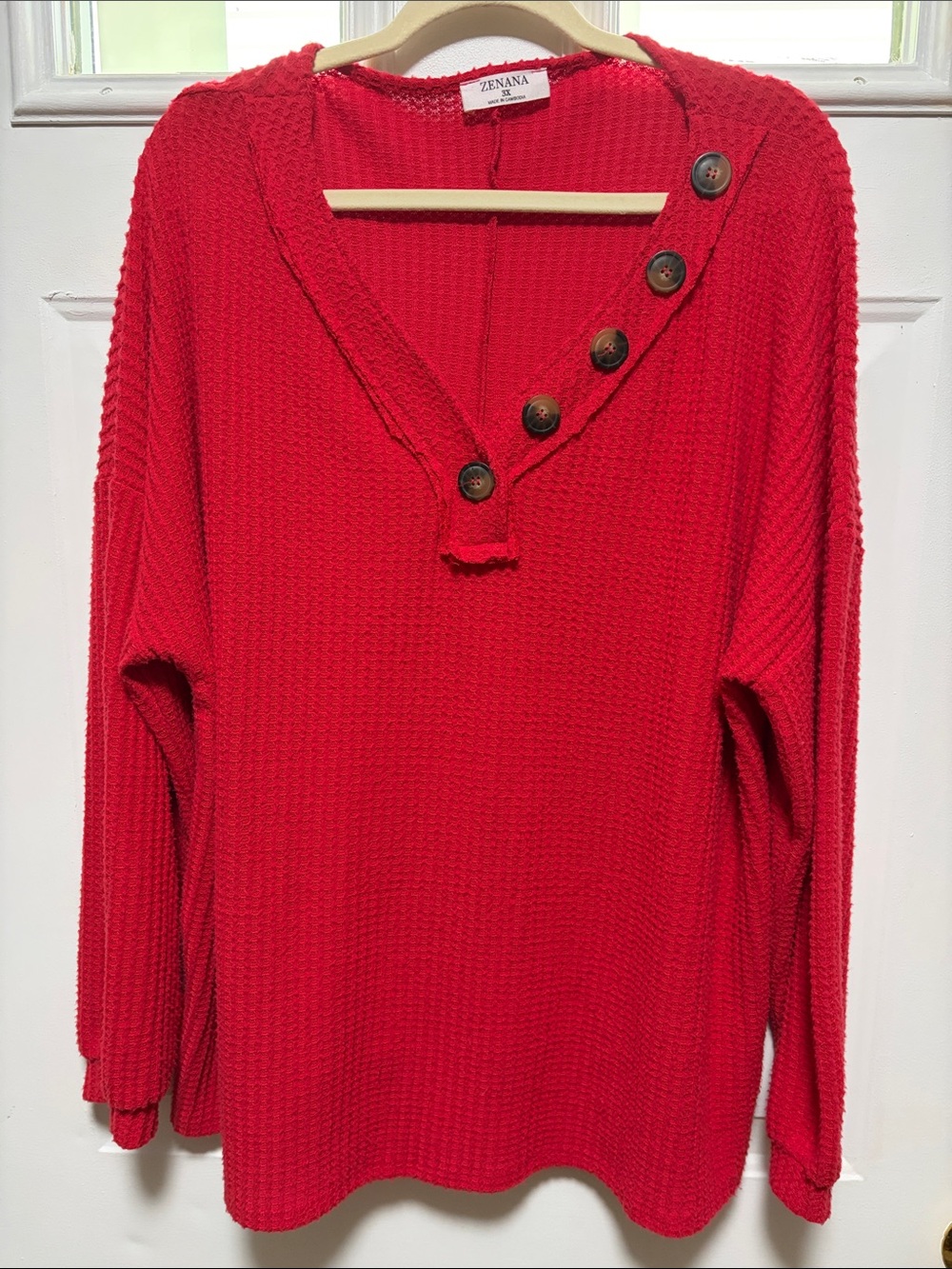 Zenana Red V-Neck Button Accent Waffle Knit Sweater